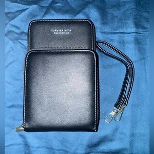 black faux leather "Forever Miyin" women's wristlet/wallet holds phone